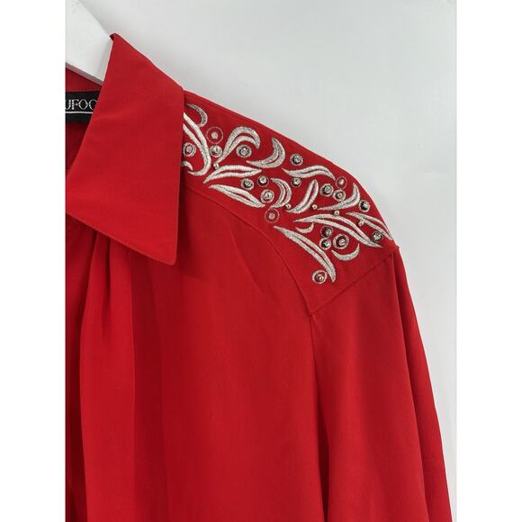 Vintage Della Roufogali Button Up Womens 14 Red Silver Western Rhinestone Silk - Picture 2 of 16